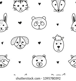 Black and white seamless pattern with doodle animal faces and hearts.