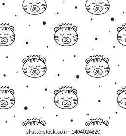 Black and white seamless pattern with doodle outline tiger faces and dots.