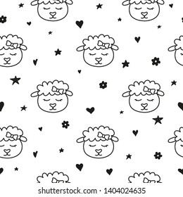 Black and white seamless pattern with doodle outline sheep faces and hearts.