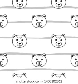 Black and white seamless pattern with doodle outline bear faces and stripes.