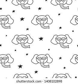 Black and white seamless pattern with doodle outline elephant faces and stars.