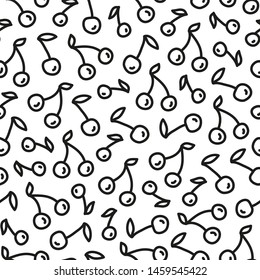 Black and white seamless pattern with doodle outline cherries.