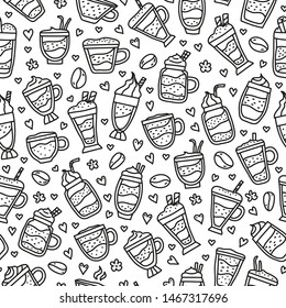 Black and white seamless pattern with doodle outline coffee drinks, beans, flowers and hearts.