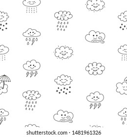 Black and white seamless pattern with doodle outline happy clouds.