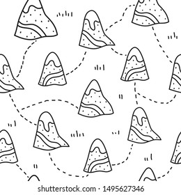 Black and white seamless pattern with doodle outline mountains and trails.