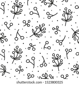Black and white seamless pattern with doodle outline blueberry twigs.