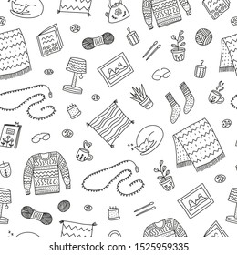 Black and white seamless pattern with doodle outline hygge icons in Scandinavian style. Nordic lifestyle background.