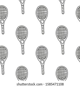 Black and white seamless pattern with doodle outline big tennis rackets.