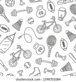 Black and white seamless pattern with doodle outline sport items, equipment.