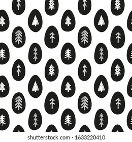 Black and white seamless pattern with doodle Scandinavian folk fir or pine trees in eggs. Minimalist Nordic style.