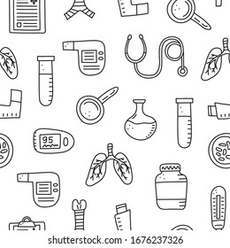 Patrón transparente negro y blanco con elementos pulmonares de esquema de doodle, incluyendo pulmones, tráquea, espirometro, soga, bacterias, pulso oximómetro, medidor de flujo de acopio, inhalador de bolsillo, estetoscopio.