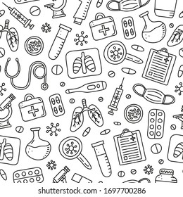 Black and white seamless pattern with doodle outline tuberculosis items, including lungs x-ray, medical mask, microscope, thermometer, syringe, loupe, bacteria, pocket inhaler.