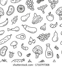 Black and white seamless pattern with doodle outline paleo foods including fish, meat, vegetables, eggs, oil, nuts, berries. Paleolithic nutrition.