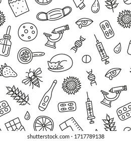 Patrón blanco y negro sin fisuras con iconos de alergia del contorno del doodle, incluyendo erupción cutánea, ojo hueco, mascarilla, gato, abeja miel, microscopio, dnk, frasco de pipeta, jeringa, termómetro.