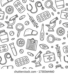 Patrón ininterrumpido de color blanco y negro con los iconos médicos de la hepatitis coloreados con doodle incluyendo hígado, microscopio, jeringa, tubo de ensayo, ojo, kit de primeros auxilios, estetoscopio, virus.