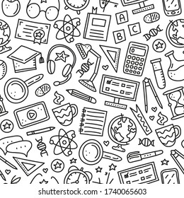 Black and white seamless pattern with doodle outline education, e-learning icons including computer, phone, ruler, globe, divider, lamp, headphones, calculator, hourglass, book, etc.