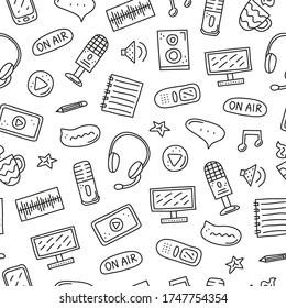 Black and white seamless pattern doodle outline podcast icons including smartphone, tablet, headphones, microphone, voice recorder, play button, loudspeaker, speech bubble.