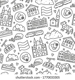 Black and white seamless pattern with doodle outline Austria icons including Vienna Cathedral, train, chalet house, church, Alpine mountains, cow, cave, flag, schnitzel, strudel, etc.