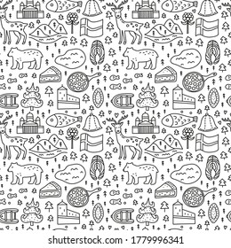 Black and white seamless pattern with doodle outline Finland icons including Helsinki Cathedral, deer, lake, cloudberry, Olaf's castle, pastry, meatballs, fish, bear, flag, etc.