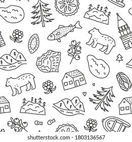 Black and white seamless pattern with doodle outline Karelia icons including lake, waterfall, rocks, bell tower of Kizhi, pine, pie, boat, cranberry, cloudberry, trout fish, bear.