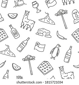 Black and white seamless pattern with doodle outline Chilean icons including Easter island statue, Villarrica volcano, araucaria tree, empanadas, penguin, poncho, alpaca, avocado oil, cave, etc.