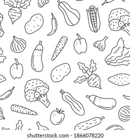 Black and white seamless pattern with doodle outline vegetables including broccoli, garlic, cucumber, sweet potato, onion, corn, beet, zucchini, eggplant, butternut, tomato, carrot, lettuce, etc.