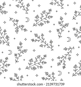 Black and white seamless pattern with doodle outline celestial chamomile flowers, crescent moon and stars.