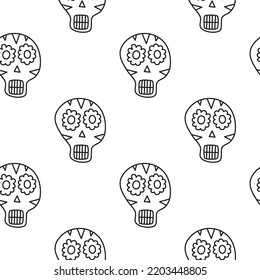 Black and white seamless pattern with doodle outline floral skulls. Dia de los muertos background. Perfect for Day of the Death and Halloween.