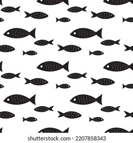 black and white seamless pattern with doodle fishes