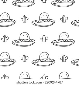 Black And White Seamless Pattern With Doodle Outline Mexican Sombrero Hats And Cactuses.