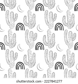 black and white seamless pattern with doodle cactuses