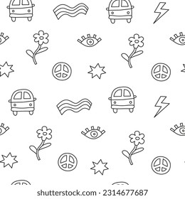 Black and white seamless pattern with doodle outline groovy icons in retro hippie style. Cute background with hipster symbols.