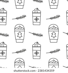 Black and white seamless pattern with doodle outline seasonal winter drinks, fir twigs.
