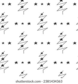 Black and white seamless pattern with doodle outline celestial fir trees, moon, stars.