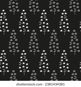 Black and white seamless pattern with doodle outline celestial fir trees compose of moon and stars.