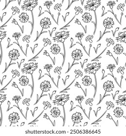 Black and white seamless pattern with doodle cornflowers and branches. Summer hand drawn illustration isolated on white background. Best for wrapping, textile, paper, wallpaper