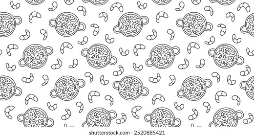 Black and white seamless pattern with doodle outline Spanish paella and shrimps. Background with national rice meal, seafoods in pan.