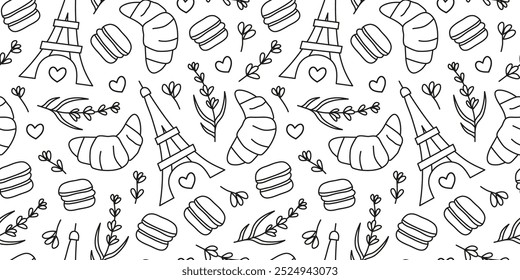 Black and white seamless pattern with doodle outline macarons, Eiffel tower, lavender twigs, hearts and croissants. Cute French wallpaper.