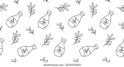 Black and white seamless pattern with doodle outline olive oil in glass bottles and olive twigs on white background. Vegetable fats. Healthy nutrition concept.