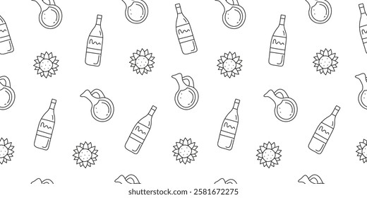 Black and white seamless pattern with doodle outline sunflower oil in glass bottles, jugs and flowers. Vegetable fats. Healthy nutrition concept.