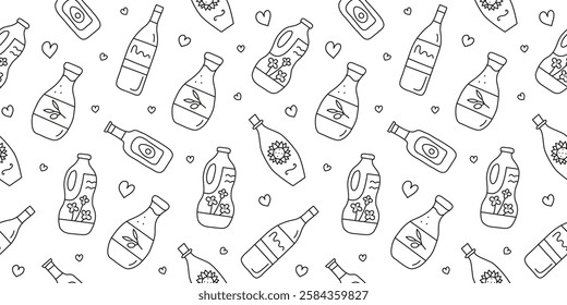 Black and white seamless pattern with doodle outline sunflower, olive, canola, avocado oils in glass, plastic bottles. Vegetable fats. Healthy nutrition concept.