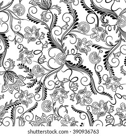 Black and white seamless pattern with doodle herbal elements, hand drown vector artwork