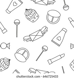 Black and white seamless pattern with doodle outline girly items.