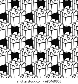 Black and white seamless pattern with doodle gifts