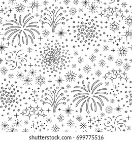 Black and white seamless pattern with doodle outline fireworks and petards.