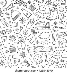 Black And White Seamless Pattern With Doodle Outline Winter Items.