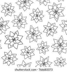 Black and white seamless pattern with doodle outline poinsettia flowers.