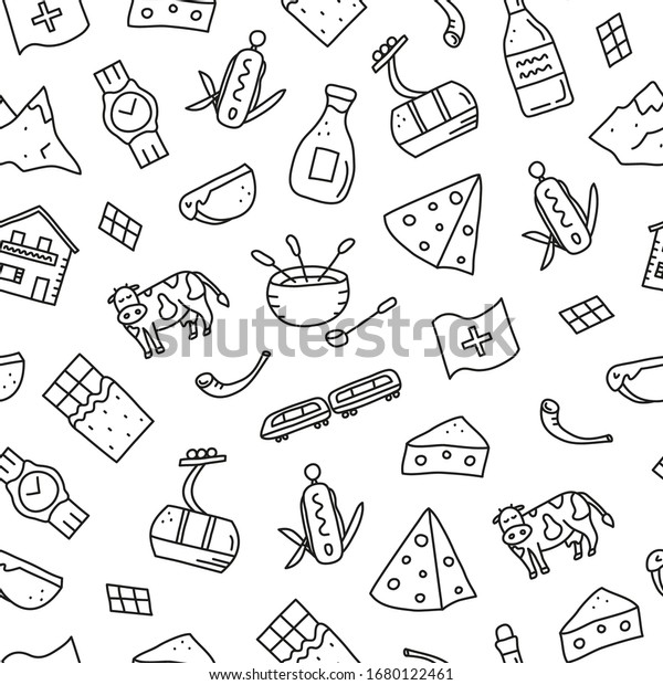 Black and white seamless pattern with doodle\
outline Switzerland travel icons including cheese, chocolate, cable\
car, train, Alpine mountains, house chalet, fondue etc isolated on\
white background.