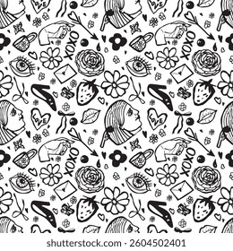 Black and white seamless pattern of doodles with flowers and girls for scrapbooking, stationery, fabric.