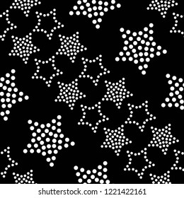Black and white seamless pattern of dotted stars. Mosaic background of garlands. Ethnic Textile background. Geometric zigzag print. Vector Illustration